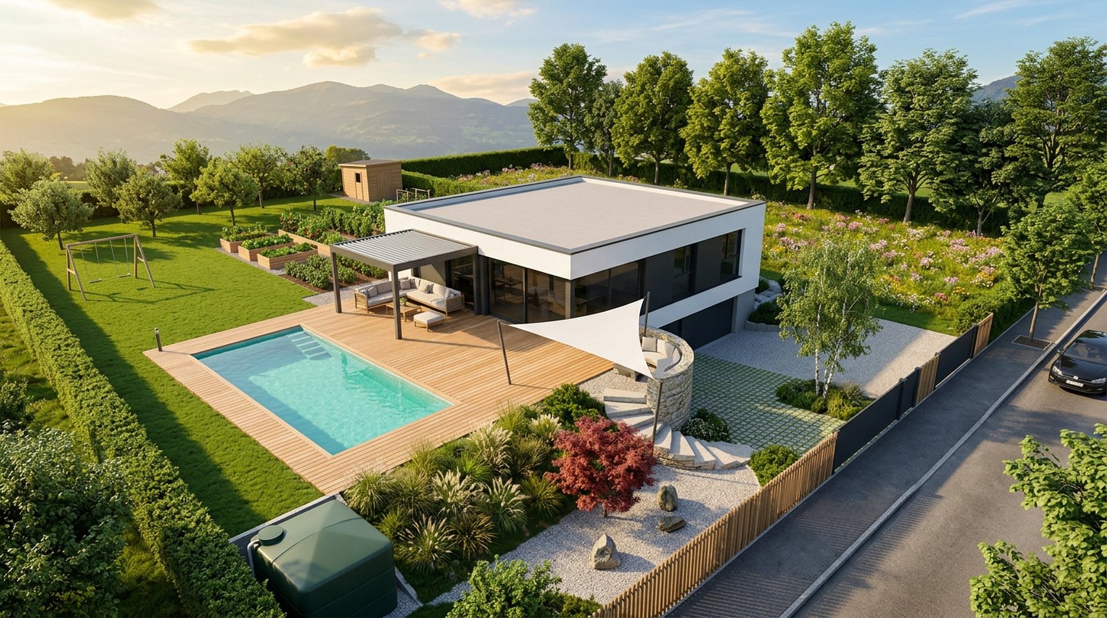 Rendu réaliste du jardin Germa : maison, terrasse bois, piscine, pergola bioclimatique, voile d'ombrage, verger, potager, prairie fleurie.